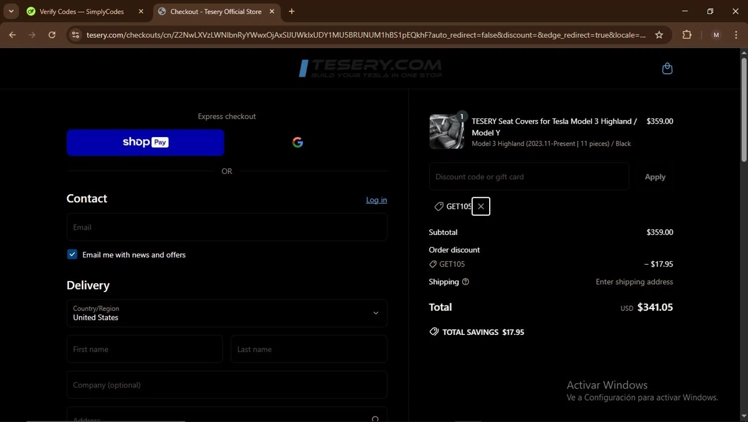 Tesery discount code screenshot showing code GET105 applied at Tesery checkout page. Uploaded by SimplyCodes community member Carrillojose on Apr 14, 2025