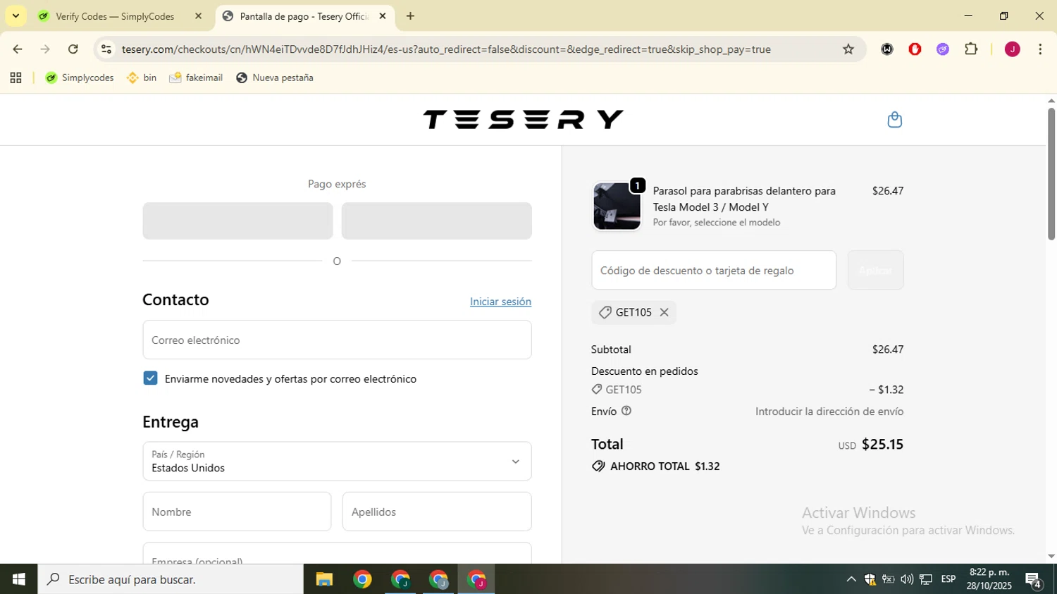 Tesery discount code screenshot showing code GET105 applied at Tesery checkout page. Uploaded by SimplyCodes community member SavvyChaser3144 on Oct 29, 2025