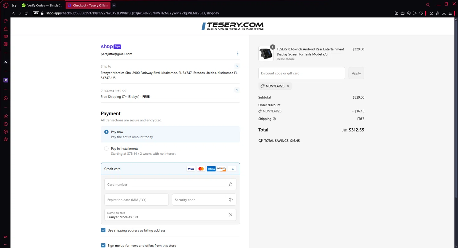 Tesery discount code screenshot showing code newyear25 applied at Tesery checkout page. Uploaded by SimplyCodes community member LuckyLion1588 on Apr 12, 2025