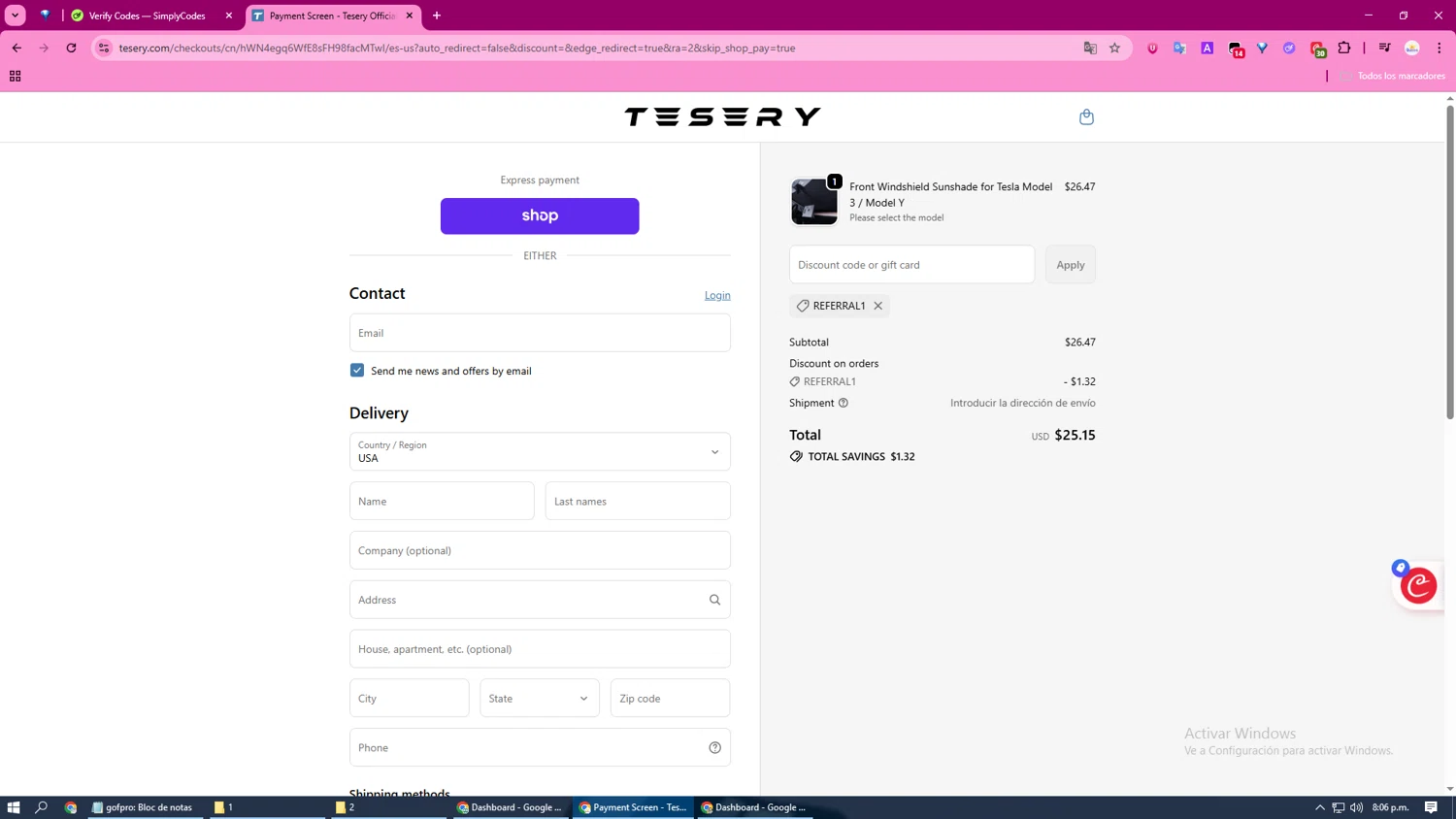 Tesery discount code screenshot showing code REFERRAL1 applied at Tesery checkout page. Uploaded by SimplyCodes community member DiscountFox1117 on Oct 29, 2025