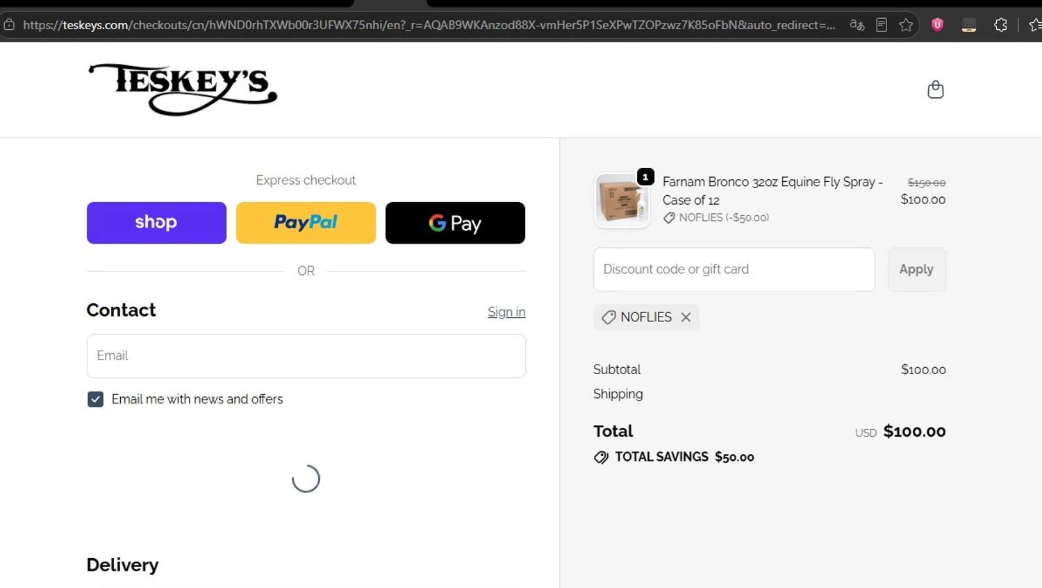 Teskey's promo code screenshot showing code NOFLIES applied at Teskey's checkout page. Uploaded by SimplyCodes community member HonestVzla on Jun 6, 2026