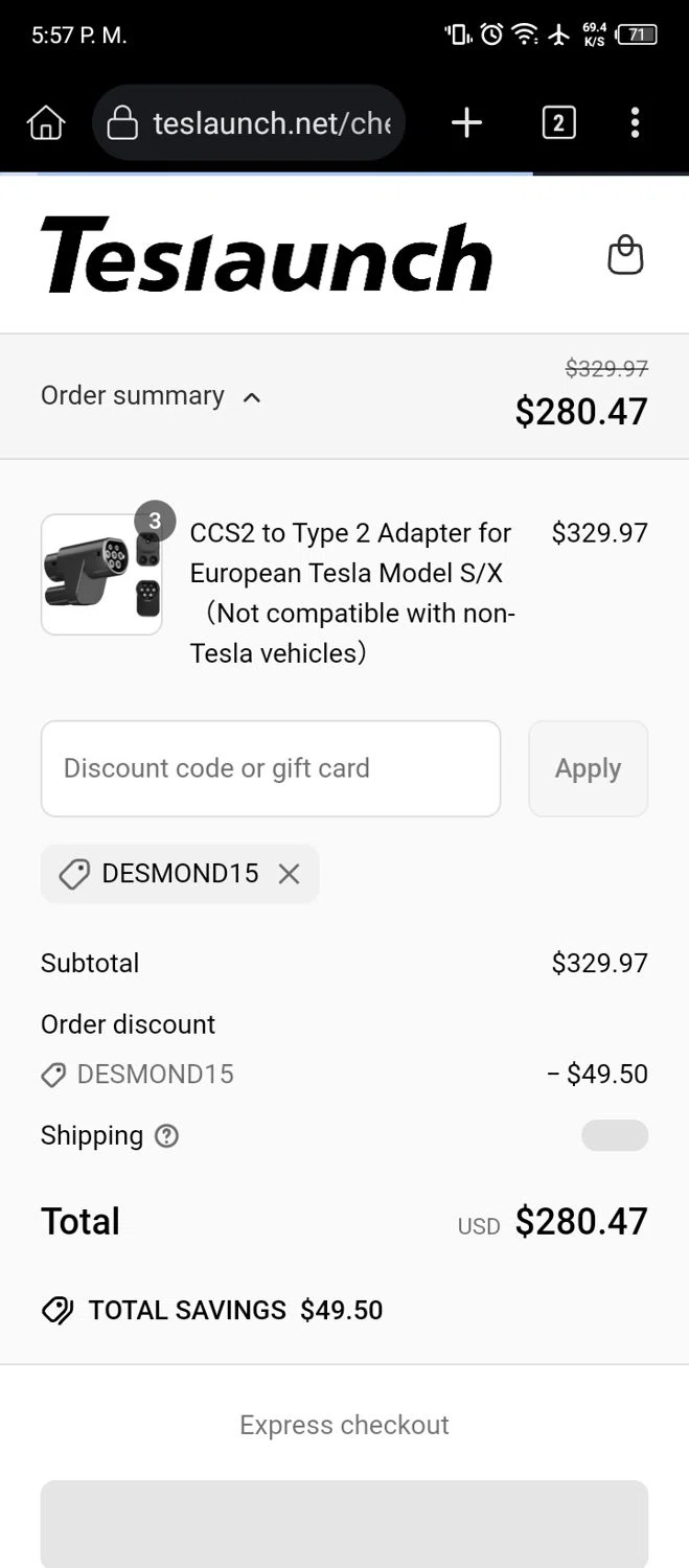 TESLAUNCH discount code screenshot showing code DESMOND15 applied at TESLAUNCH checkout page. Uploaded by SimplyCodes community member MightyOwl7578 on Jun 26, 2025