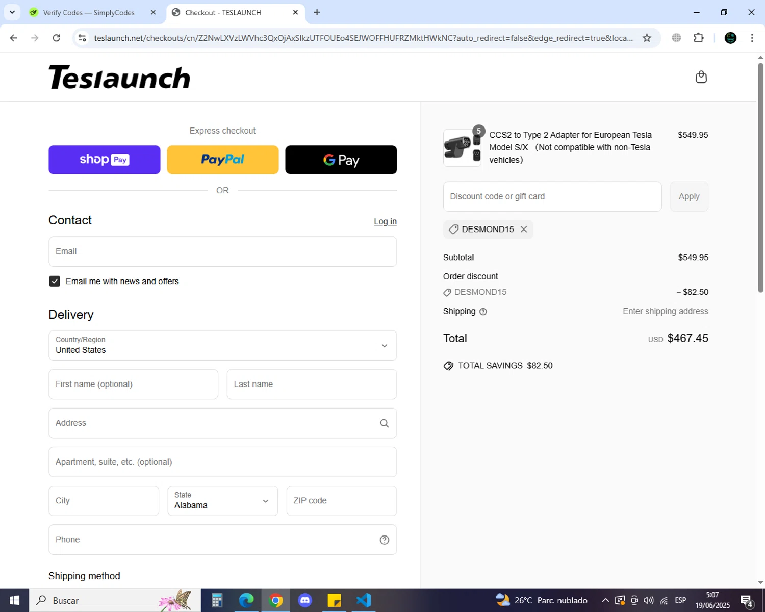 TESLAUNCH discount code screenshot showing code DESMOND15 applied at TESLAUNCH checkout page. Uploaded by SimplyCodes community member MoneyGenius452 on Jun 19, 2025