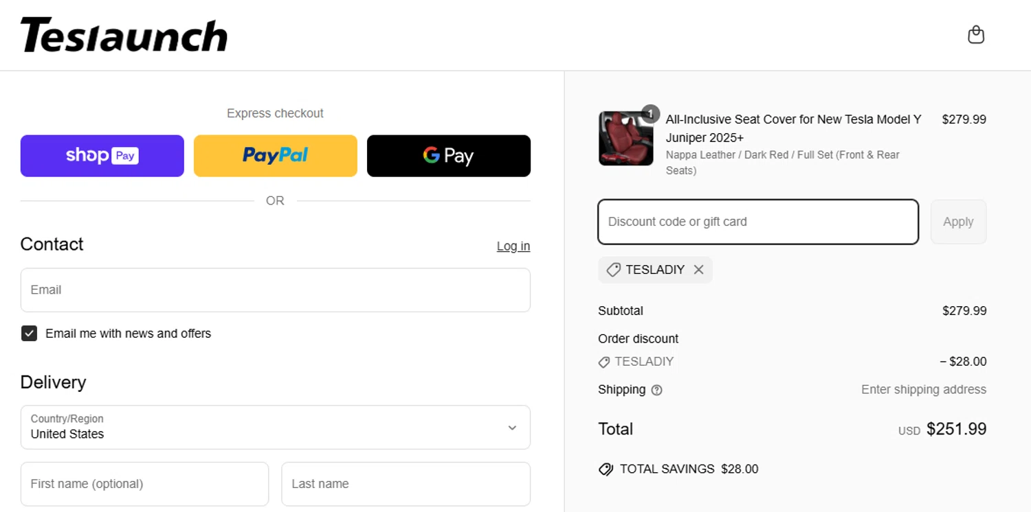 TESLAUNCH discount code screenshot showing code TESLADIY applied at TESLAUNCH checkout page. Uploaded by SimplyCodes community member SnoopDogg on Mar 27, 2025