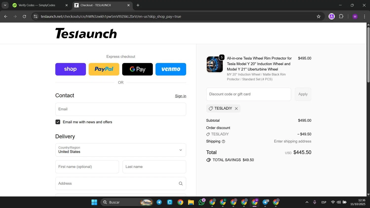 TESLAUNCH discount code screenshot showing code TESLADIY applied at TESLAUNCH checkout page. Uploaded by SimplyCodes community member jinwoo on Oct 11, 2025