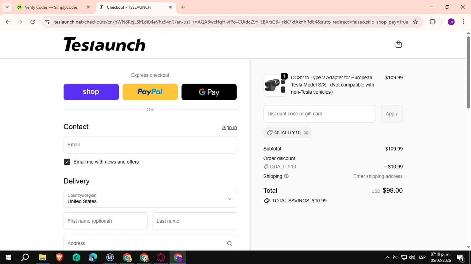 TESLAUNCH checkout page showing TESLAUNCH discount code box | Screenshot taken by SimplyCodes community member on Feb 5, 2026