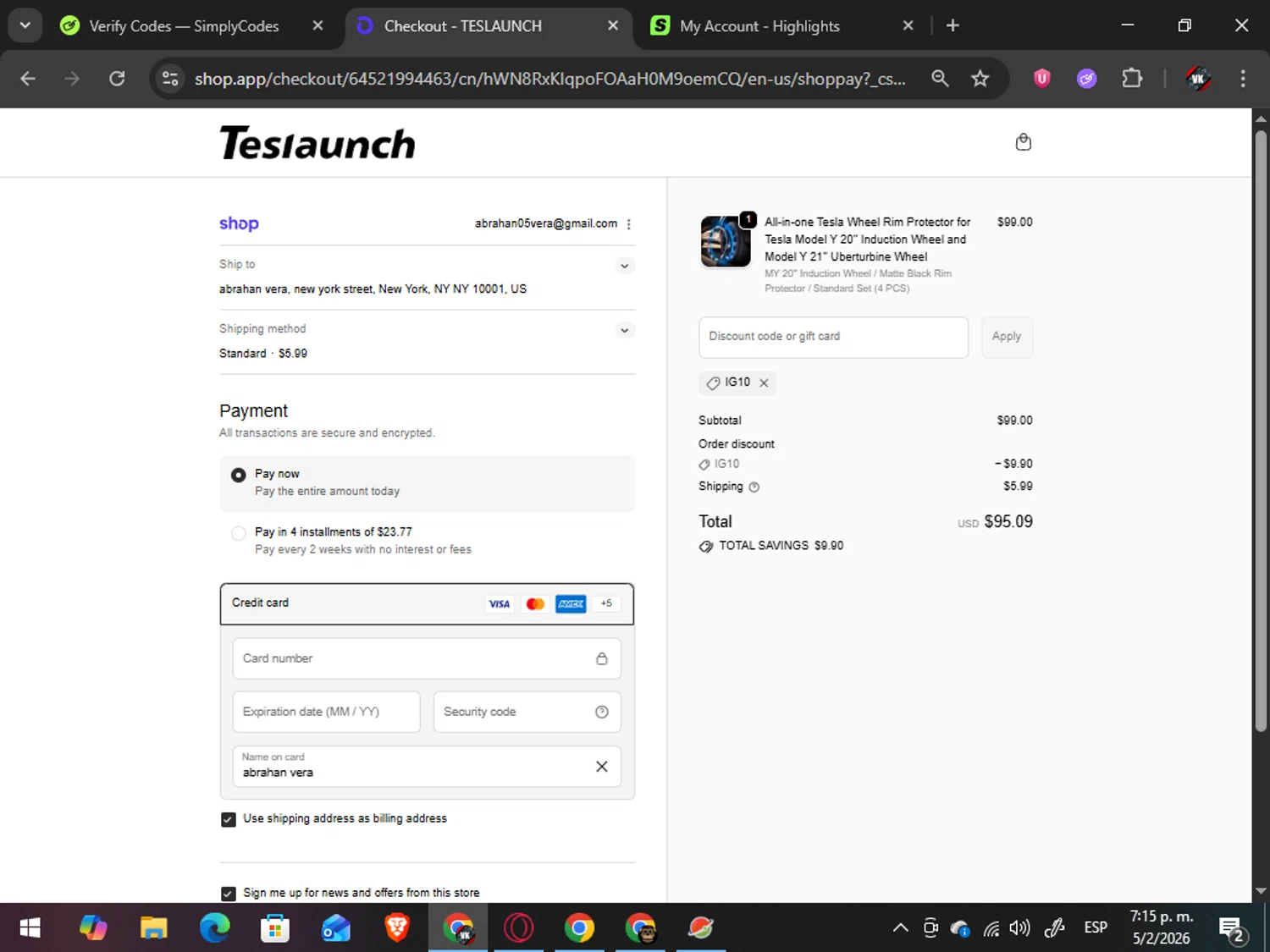 TESLAUNCH checkout page showing TESLAUNCH discount code box | Screenshot taken by SimplyCodes community member on Feb 5, 2026