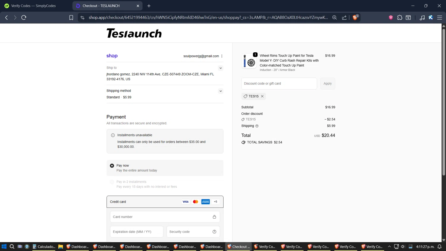 TESLAUNCH discount code screenshot showing code TES15 applied at TESLAUNCH checkout page. Uploaded by SimplyCodes community member jhordano on Nov 25, 2025
