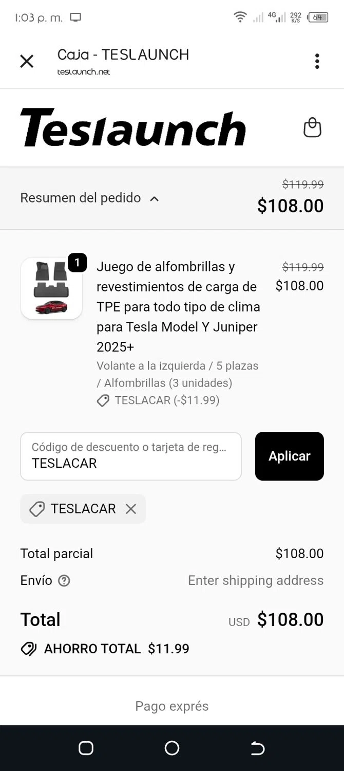 TESLAUNCH discount code screenshot showing code TESLACAR applied at TESLAUNCH checkout page. Uploaded by SimplyCodes community member CleverWhiz2265 on Oct 11, 2025