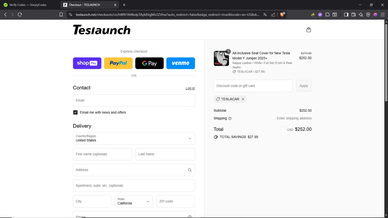 TESLAUNCH discount code screenshot showing code TESLACAR applied at TESLAUNCH checkout page. Uploaded by SimplyCodes community member Morrachida04 on Aug 3, 2025
