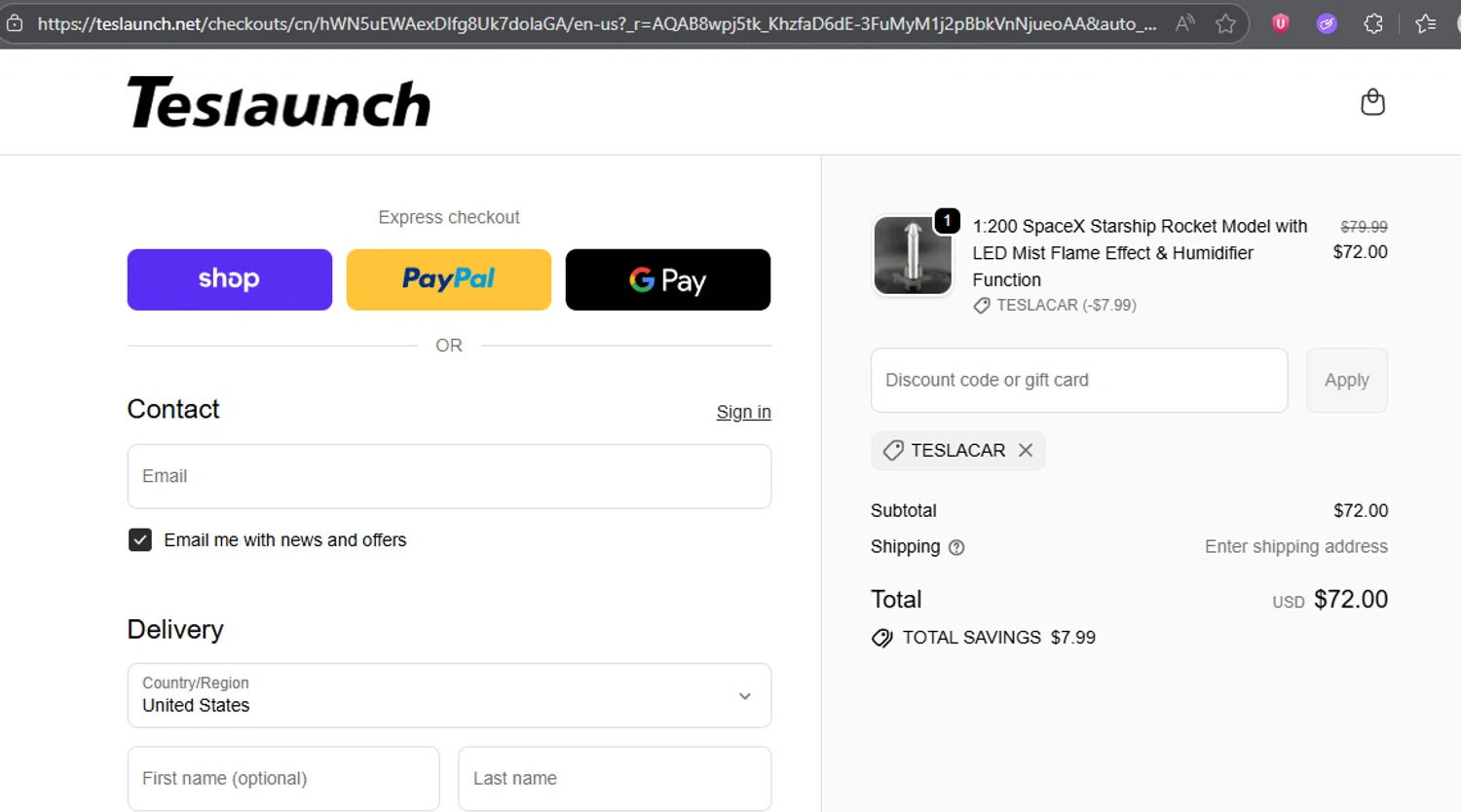 TESLAUNCH discount code screenshot showing code TESLACAR applied at TESLAUNCH checkout page. Uploaded by SimplyCodes community member TheJoyBoy on Nov 30, 2025