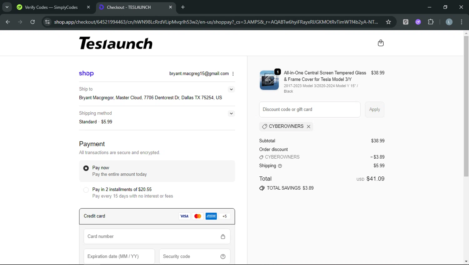 TESLAUNCH promo code screenshot showing code CYBEROWNERS applied at TESLAUNCH checkout page. Uploaded by SimplyCodes community member RoyalOwl5790 on Feb 23, 2026