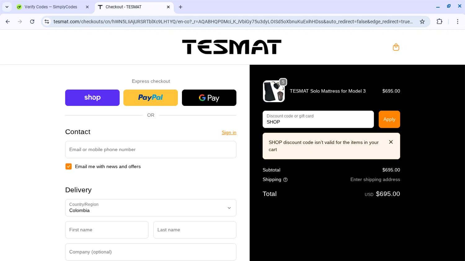 TESMAT promo code screenshot showing code SHOP applied at TESMAT checkout page. Uploaded by SimplyCodes community member SwiftSage2309 on Nov 16, 2025