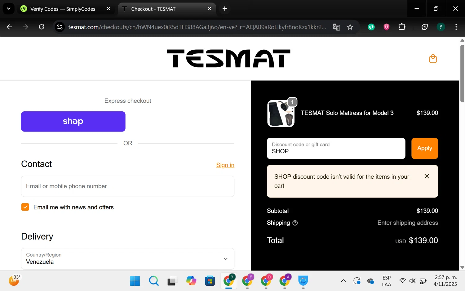 TESMAT promo code screenshot showing code SHOP applied at TESMAT checkout page. Uploaded by SimplyCodes community member chespi on Nov 4, 2025