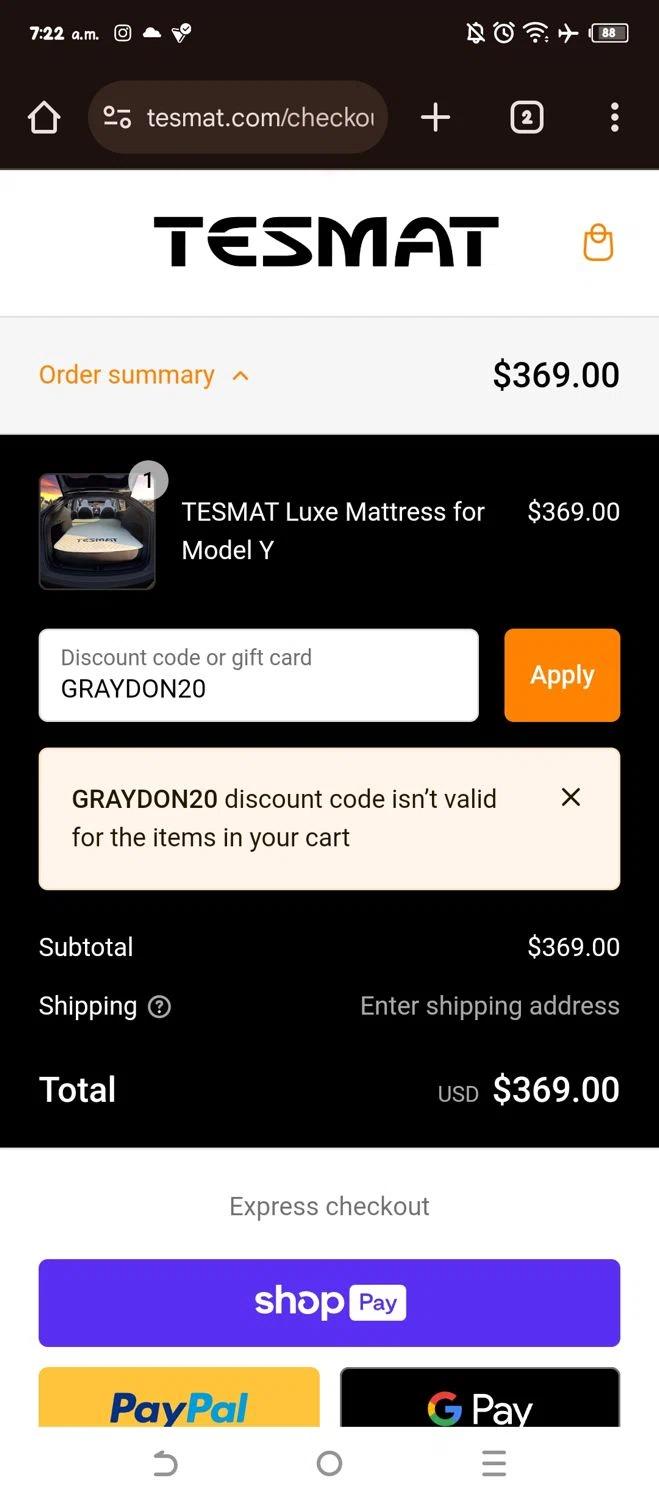 TESMAT promo code screenshot showing code GRAYDON20 applied at TESMAT checkout page. Uploaded by SimplyCodes community member WonderW on Jan 26, 2025