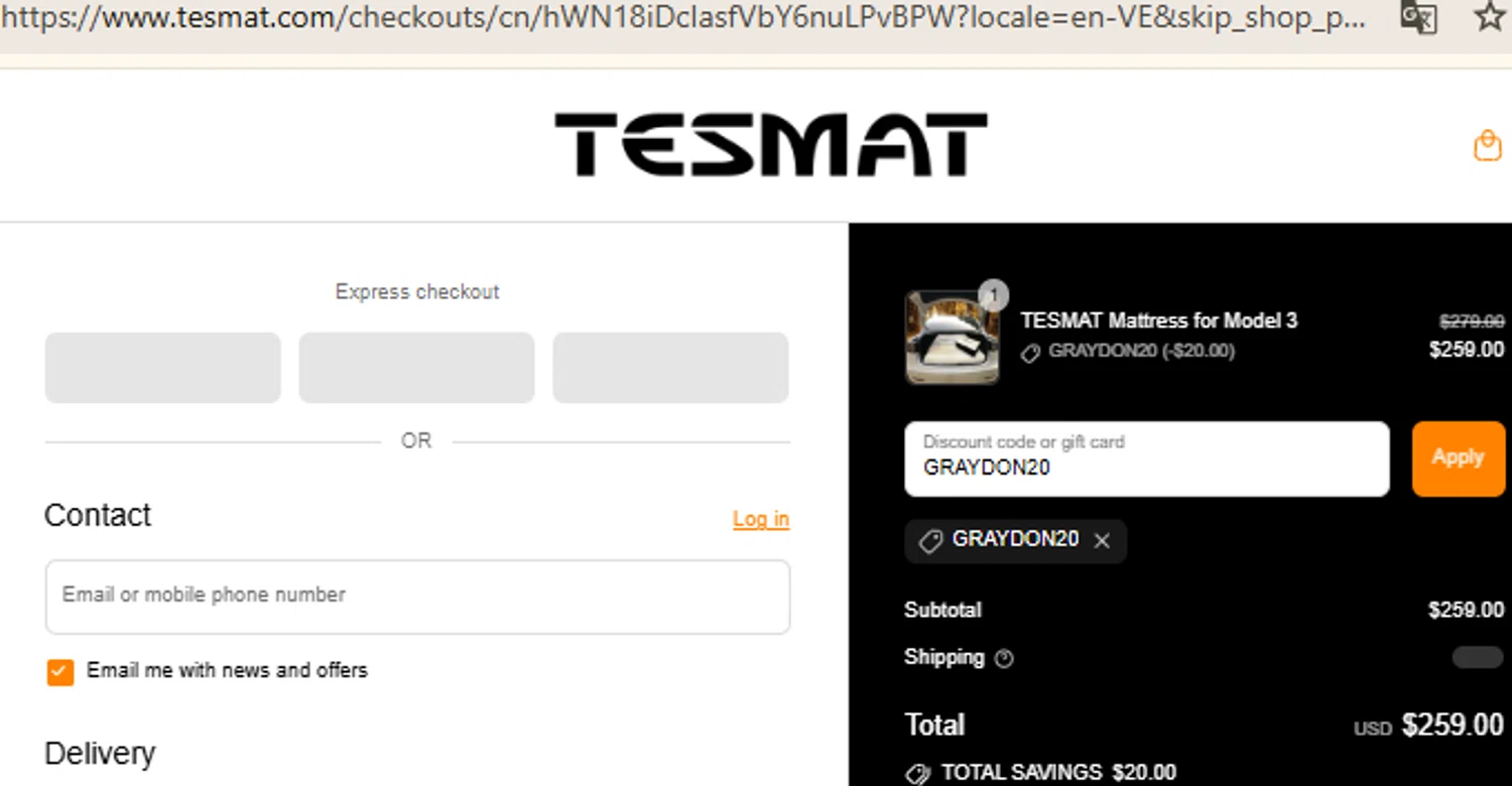 TESMAT promo code screenshot showing code GRAYDON20 applied at TESMAT checkout page. Uploaded by SimplyCodes community member RewardFinder4836 on Jul 28, 2025