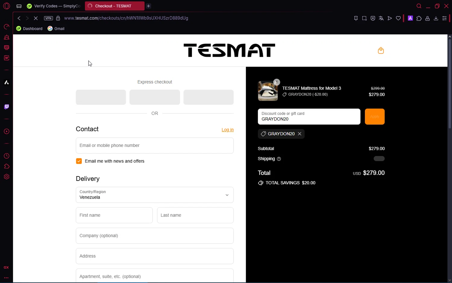 TESMAT promo code screenshot showing code GRAYDON20 applied at TESMAT checkout page. Uploaded by SimplyCodes community member Pioneer1 on Aug 1, 2025