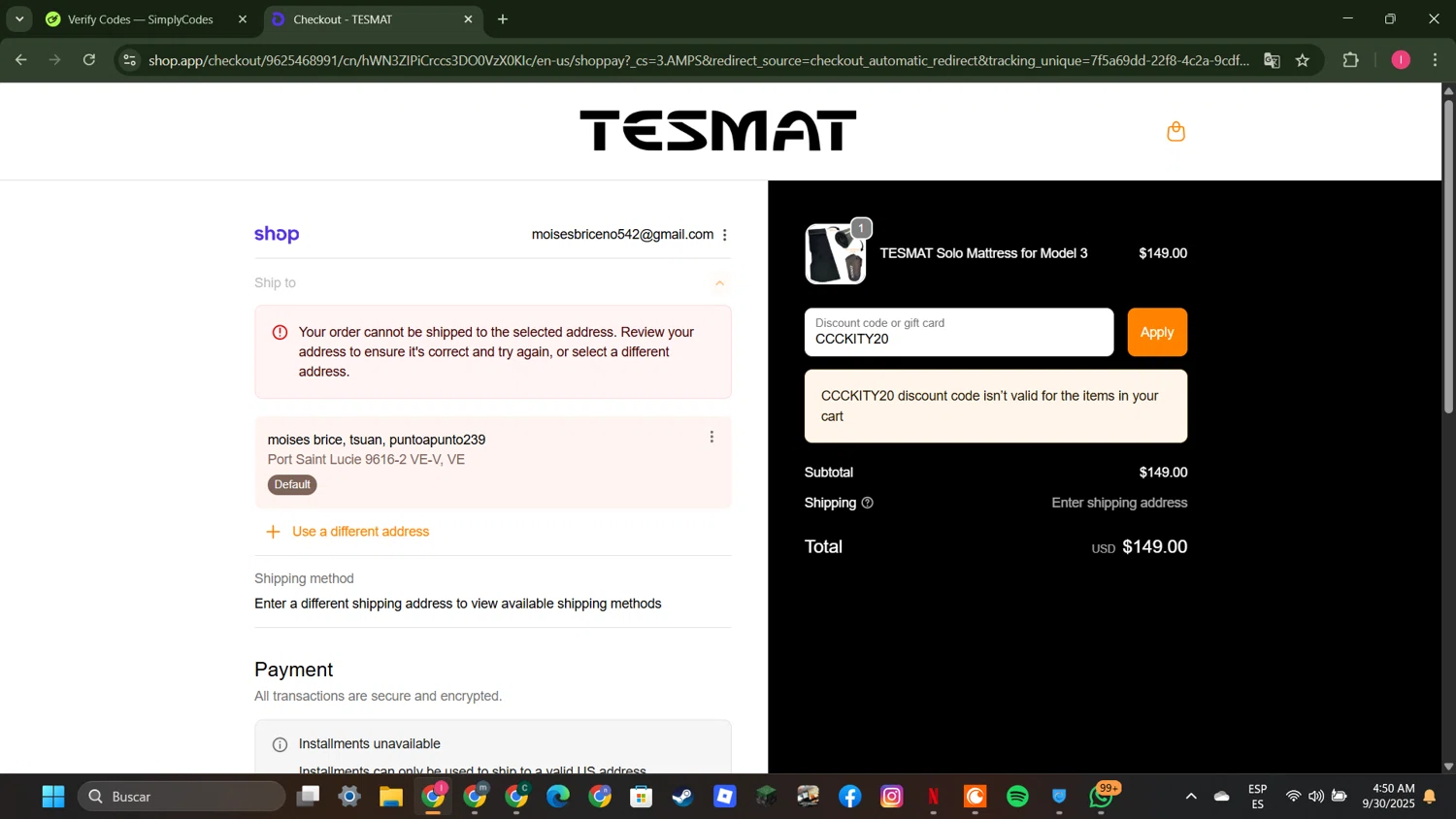 TESMAT promo code screenshot showing code CCCKITY20 applied at TESMAT checkout page. Uploaded by SimplyCodes community member MightyGuardian8404 on Sep 30, 2025