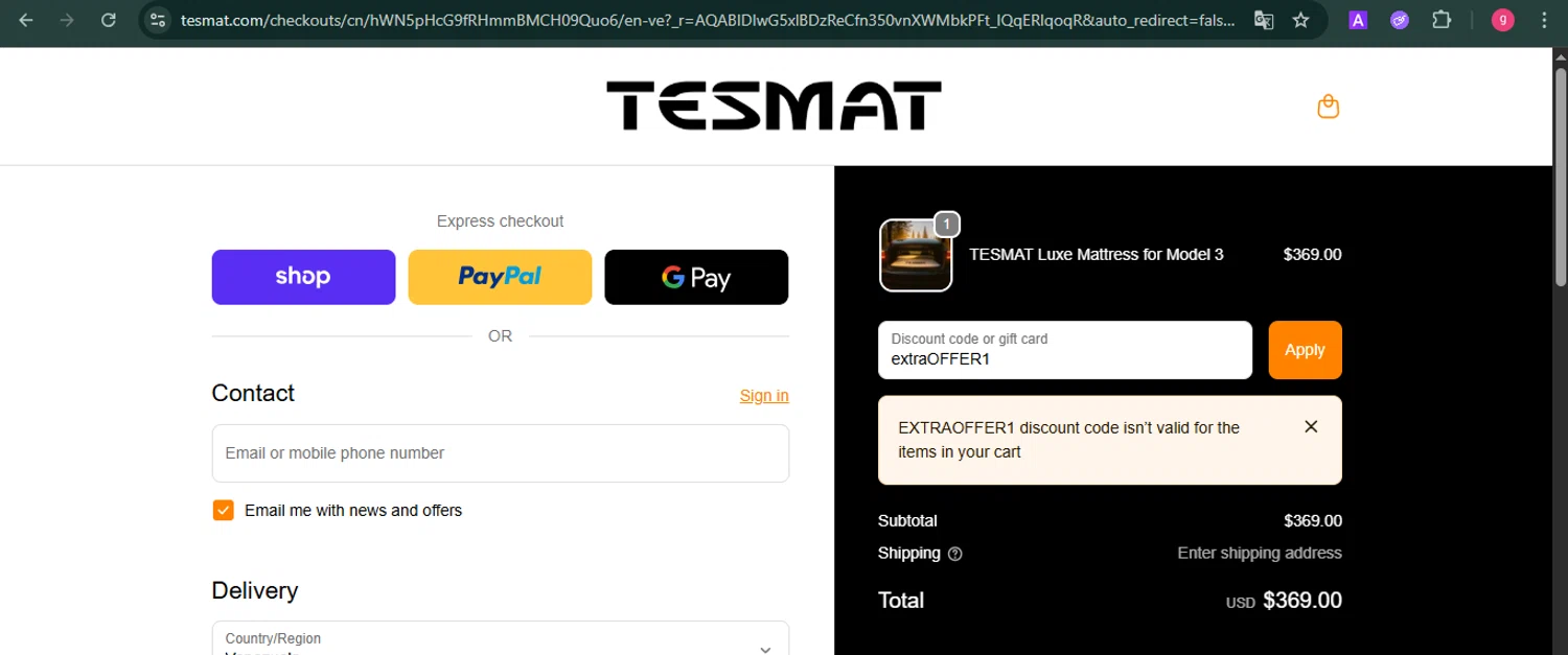 TESMAT promo code screenshot showing code extraOFFER1 applied at TESMAT checkout page. Uploaded by SimplyCodes community member MoneyFalcon481 on Nov 28, 2025