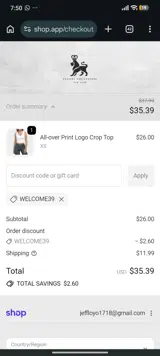 WELCOME39 coupon verification screenshot