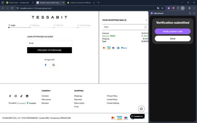 Tessabit checkout page showing Tessabit coupon code box | Screenshot taken by SimplyCodes community member on Sep 3, 2025