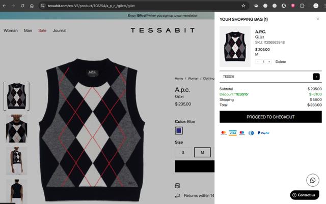 Tessabit checkout page showing Tessabit coupon code box | Screenshot taken by SimplyCodes community member on Aug 29, 2025