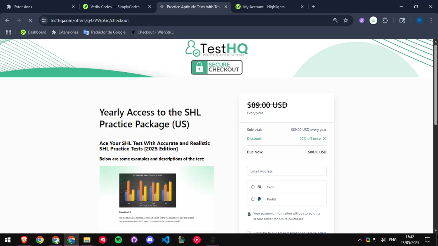 TestHQ coupon code screenshot showing code OFFERS10 applied at TestHQ checkout page. Uploaded by SimplyCodes community member CleverCollector2986 on May 23, 2025