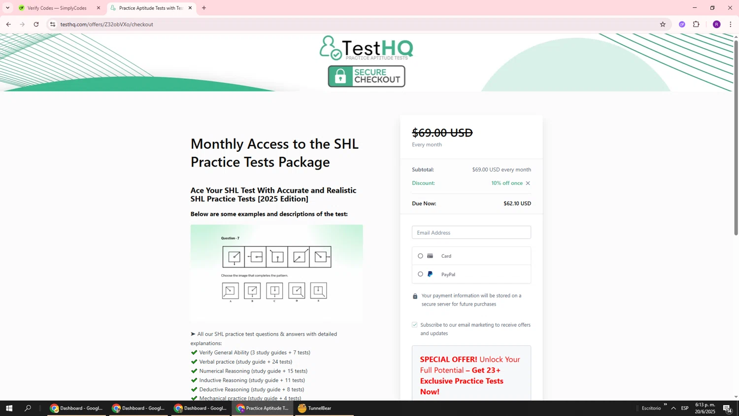 TestHQ coupon code screenshot showing code OFFERS10 applied at TestHQ checkout page. Uploaded by SimplyCodes community member ukemochi on Jun 20, 2025