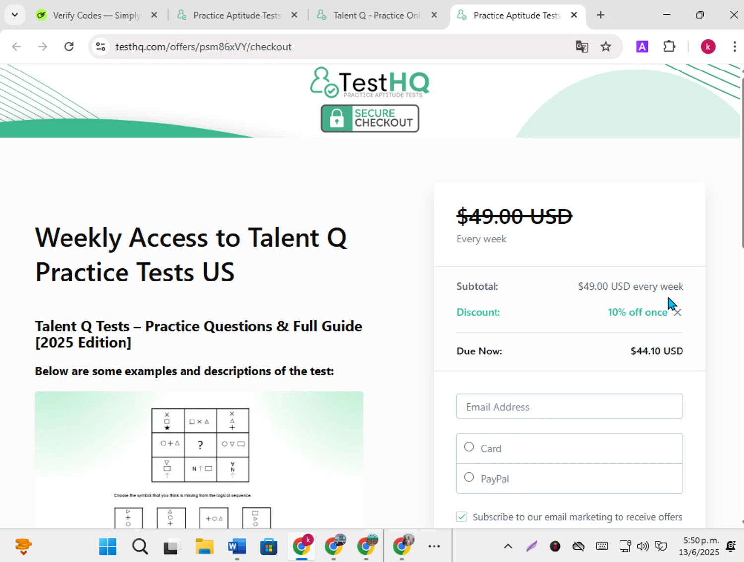 TestHQ coupon code screenshot showing code KNOJI10 applied at TestHQ checkout page. Uploaded by SimplyCodes community member karoline on Jun 13, 2025