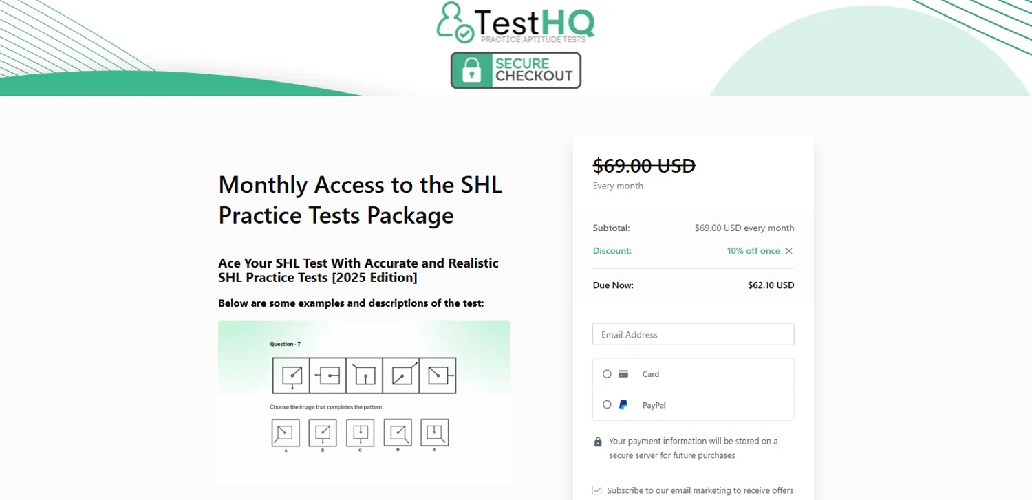 TestHQ checkout page showing TestHQ coupon code box | Screenshot taken by SimplyCodes community member on Jan 6, 2026