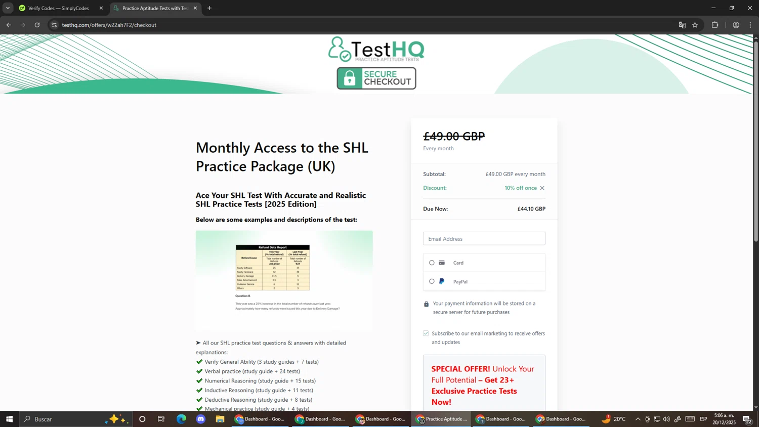 TestHQ coupon code screenshot showing code HONEY10 applied at TestHQ checkout page. Uploaded by SimplyCodes community member Pirlo420 on Dec 20, 2025