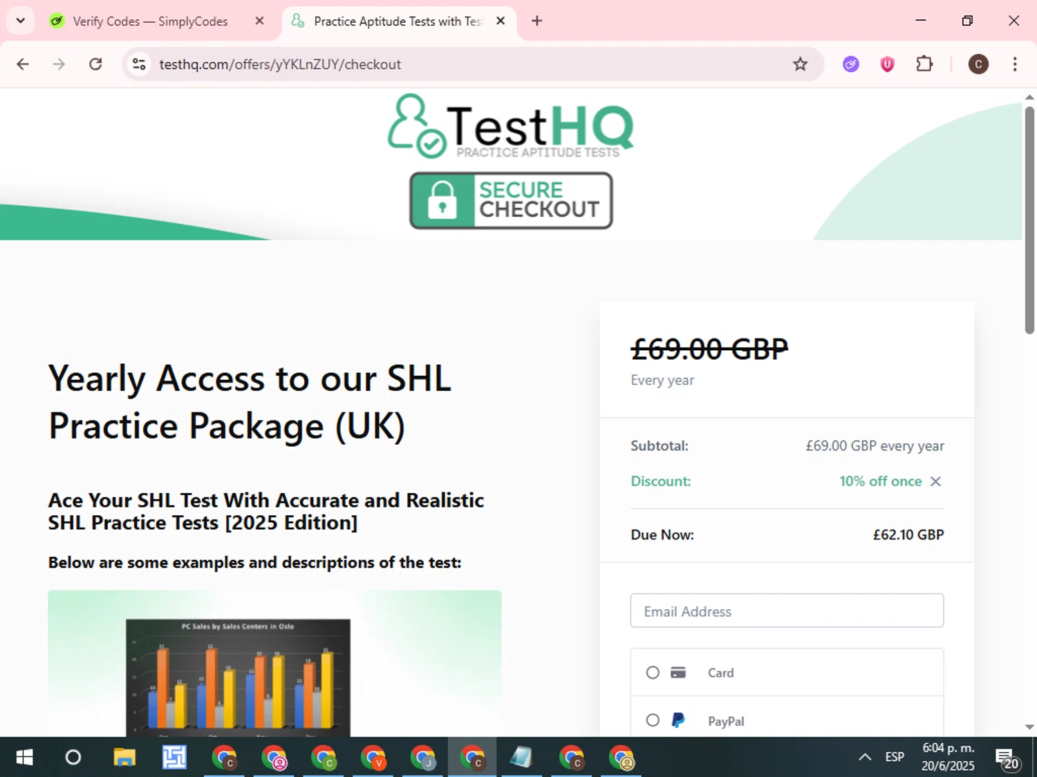TestHQ coupon code screenshot showing code HONEY10 applied at TestHQ checkout page. Uploaded by SimplyCodes community member WonderCurator7831 on Jun 20, 2025