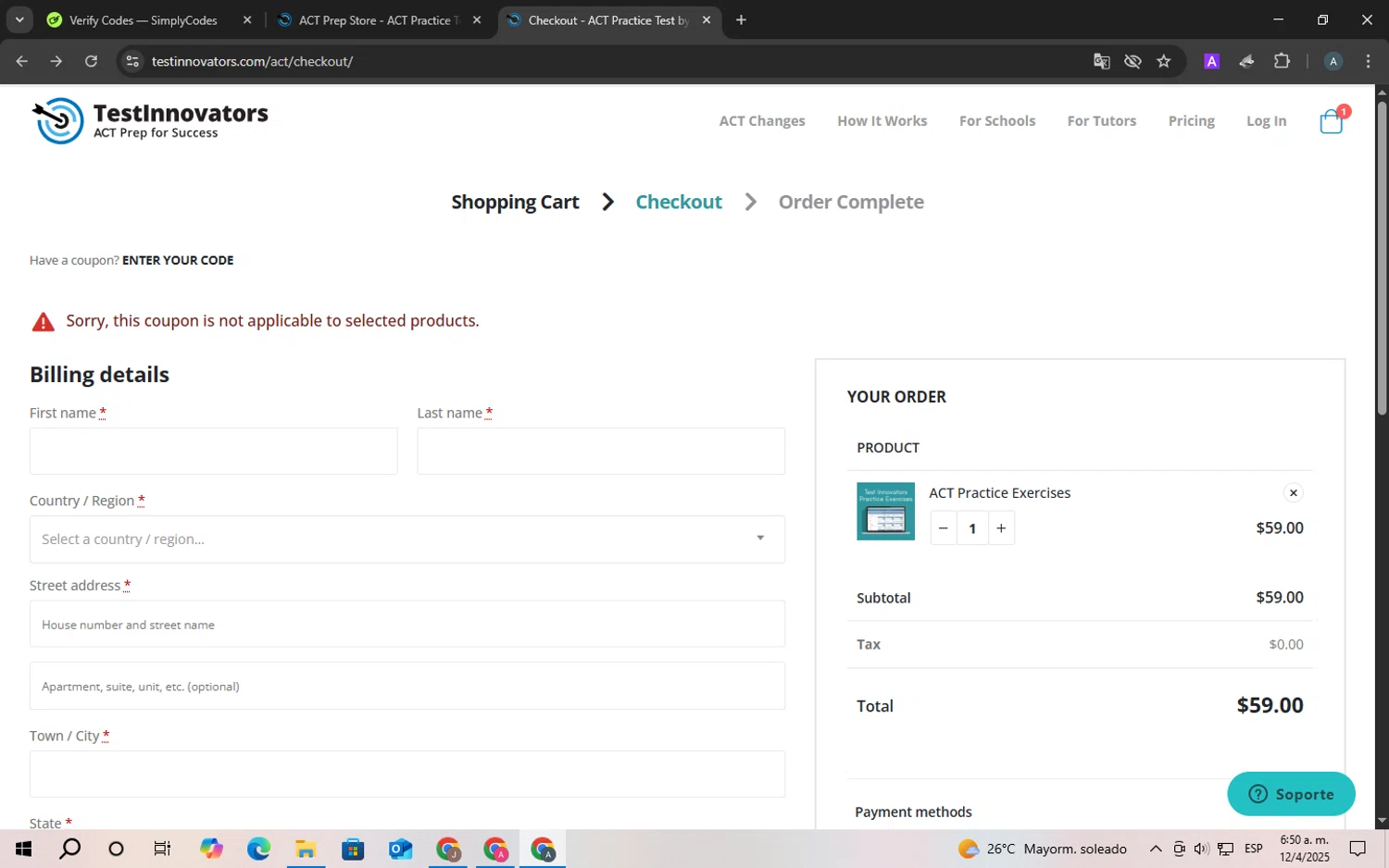 Test Innovators coupon code screenshot showing code SKILLS10 applied at Test Innovators checkout page. Uploaded by SimplyCodes community member ScanSpotter8851 on Apr 12, 2025