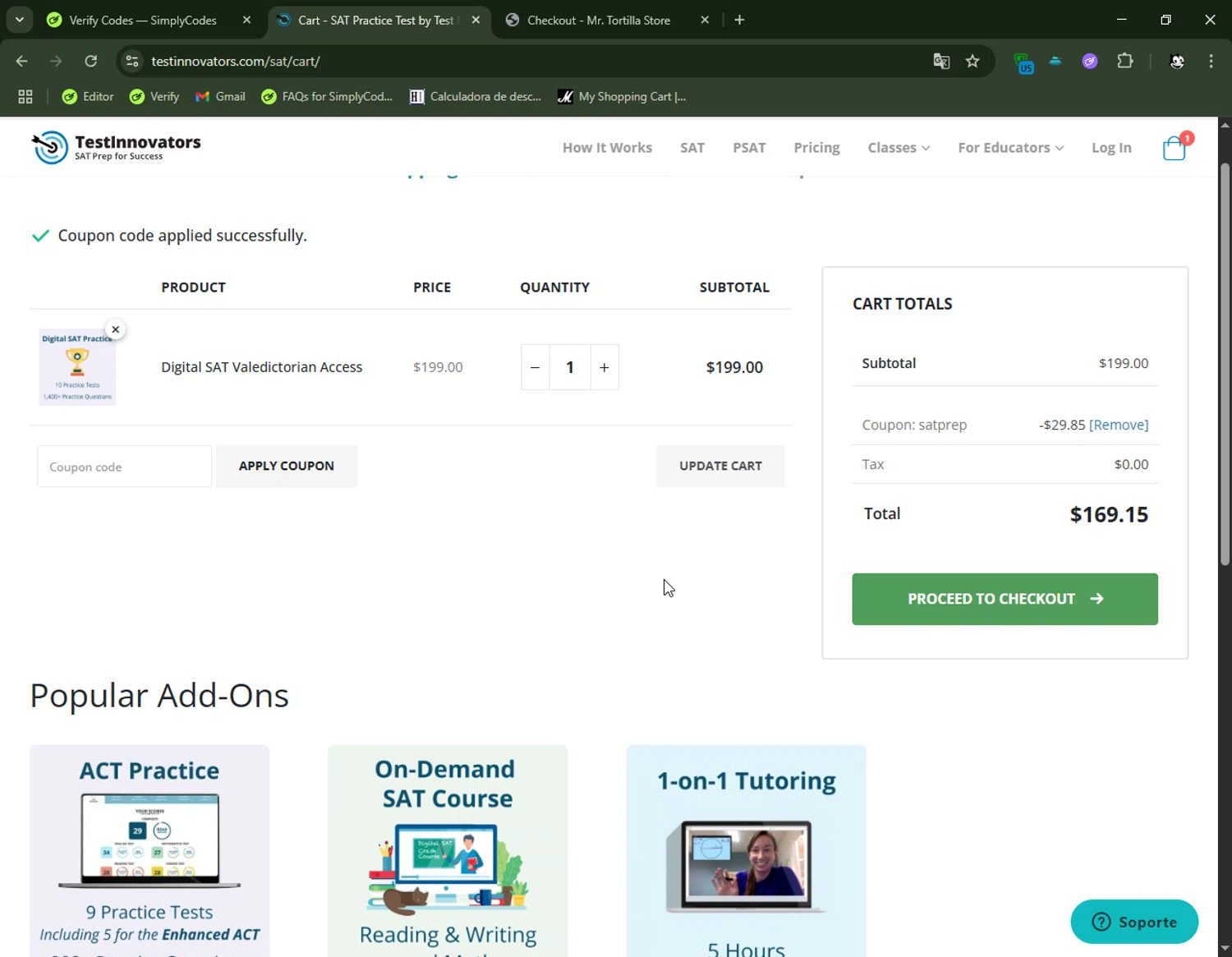 Test Innovators coupon code screenshot showing code SATPREP applied at Test Innovators checkout page. Uploaded by SimplyCodes community member FelixelGato on Jun 11, 2025