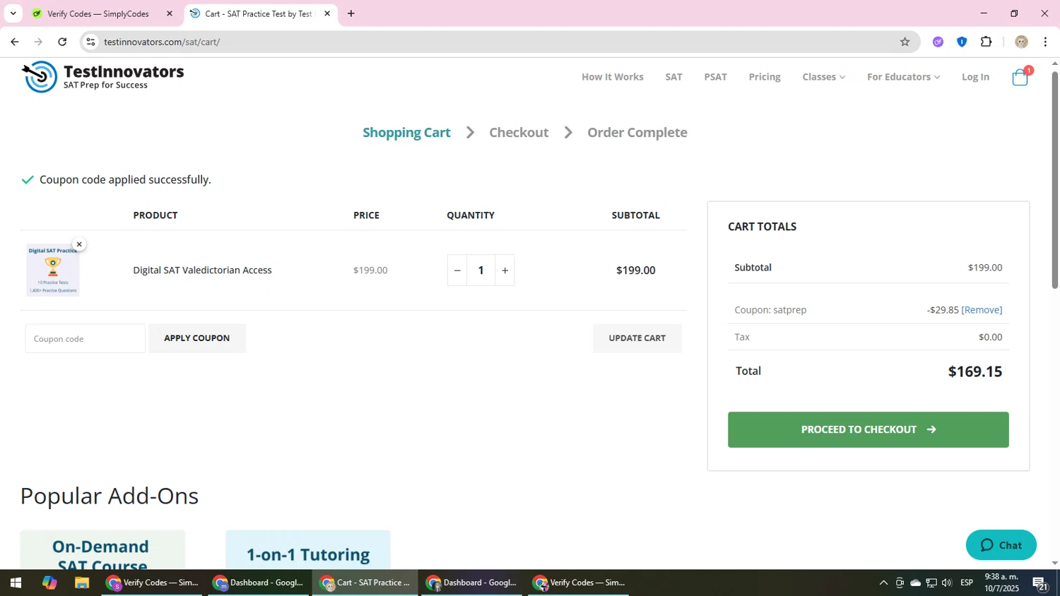 Test Innovators coupon code screenshot showing code SATPREP applied at Test Innovators checkout page. Uploaded by SimplyCodes community member NobleScholar4826 on Jul 10, 2025