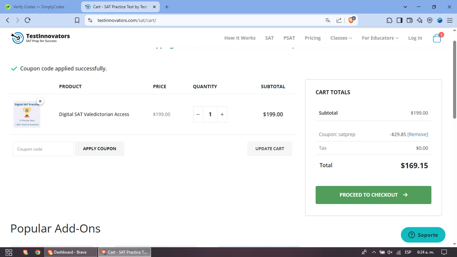 Test Innovators coupon code screenshot showing code SATPREP applied at Test Innovators checkout page. Uploaded by SimplyCodes community member SaleWarden8614 on May 13, 2025