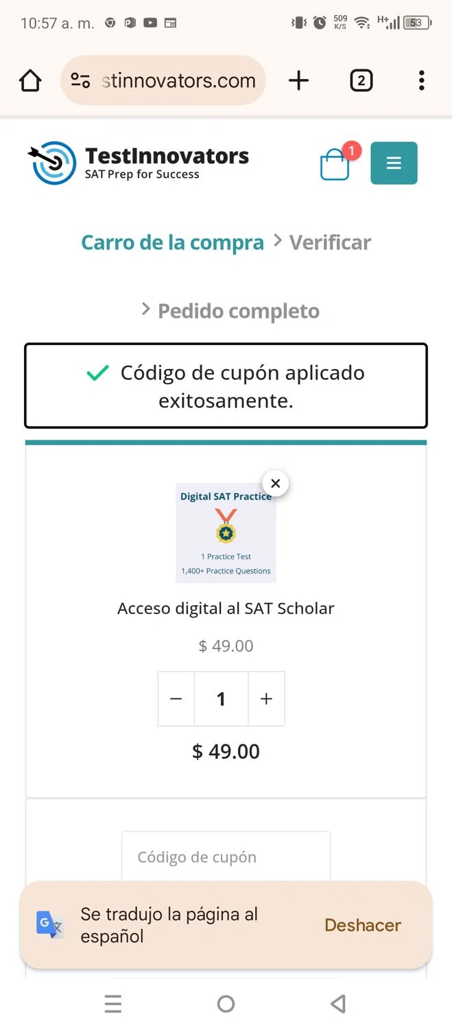 Test Innovators coupon code screenshot showing code SATPRACTICE applied at Test Innovators checkout page. Uploaded by SimplyCodes community member 220919 on Jun 24, 2025