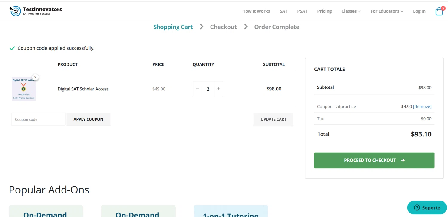 Test Innovators checkout page showing Test Innovators coupon code box | Screenshot taken by SimplyCodes community member on May 26, 2025
