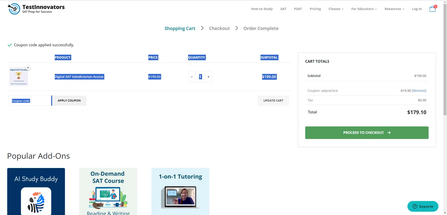 Test Innovators coupon code screenshot showing code SATPRACTICE applied at Test Innovators checkout page. Uploaded by SimplyCodes community member CrownTiger6508 on Nov 12, 2025