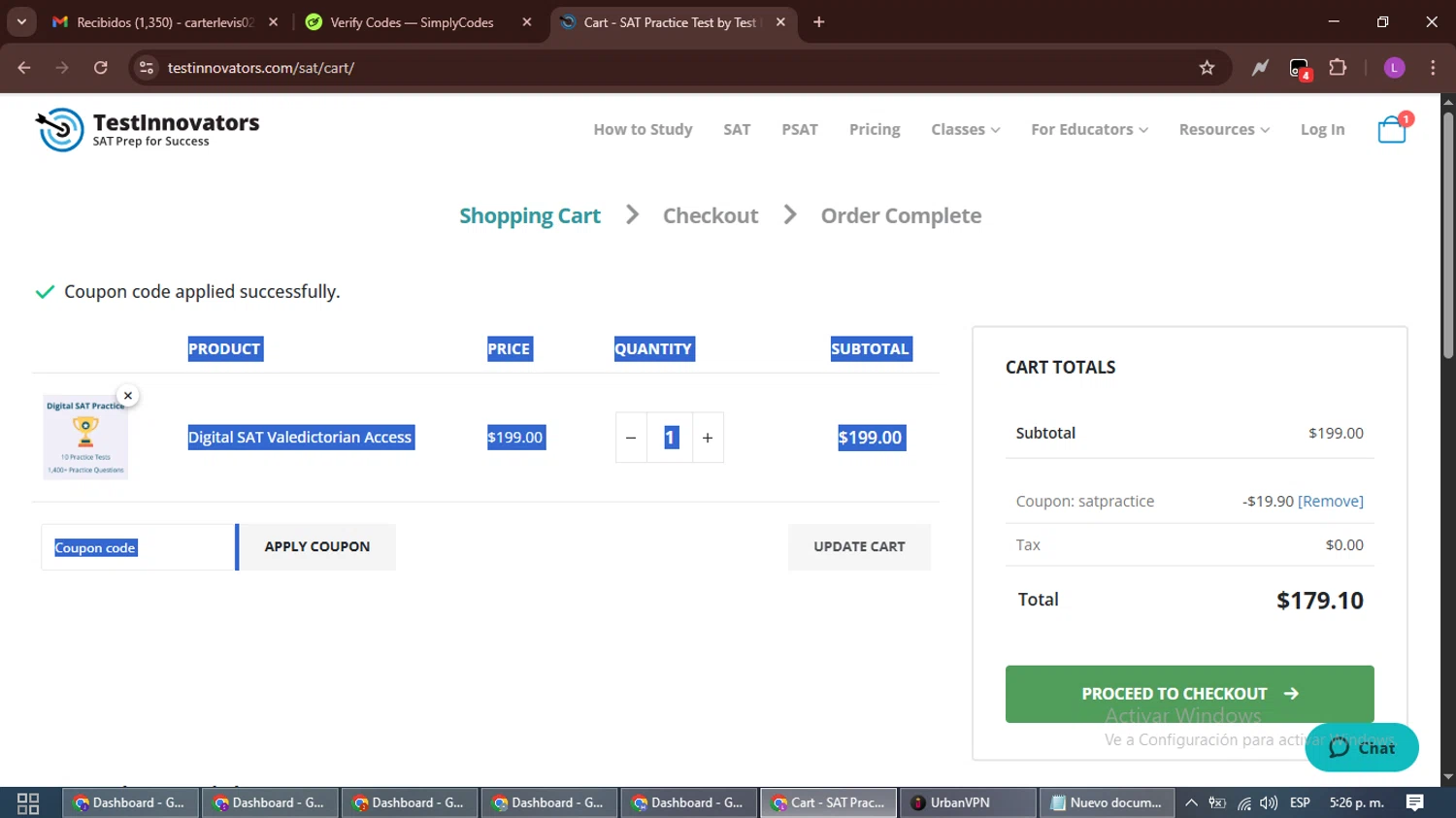 Test Innovators coupon code screenshot showing code SATPRACTICE applied at Test Innovators checkout page. Uploaded by SimplyCodes community member RewardScout5160 on Nov 12, 2025