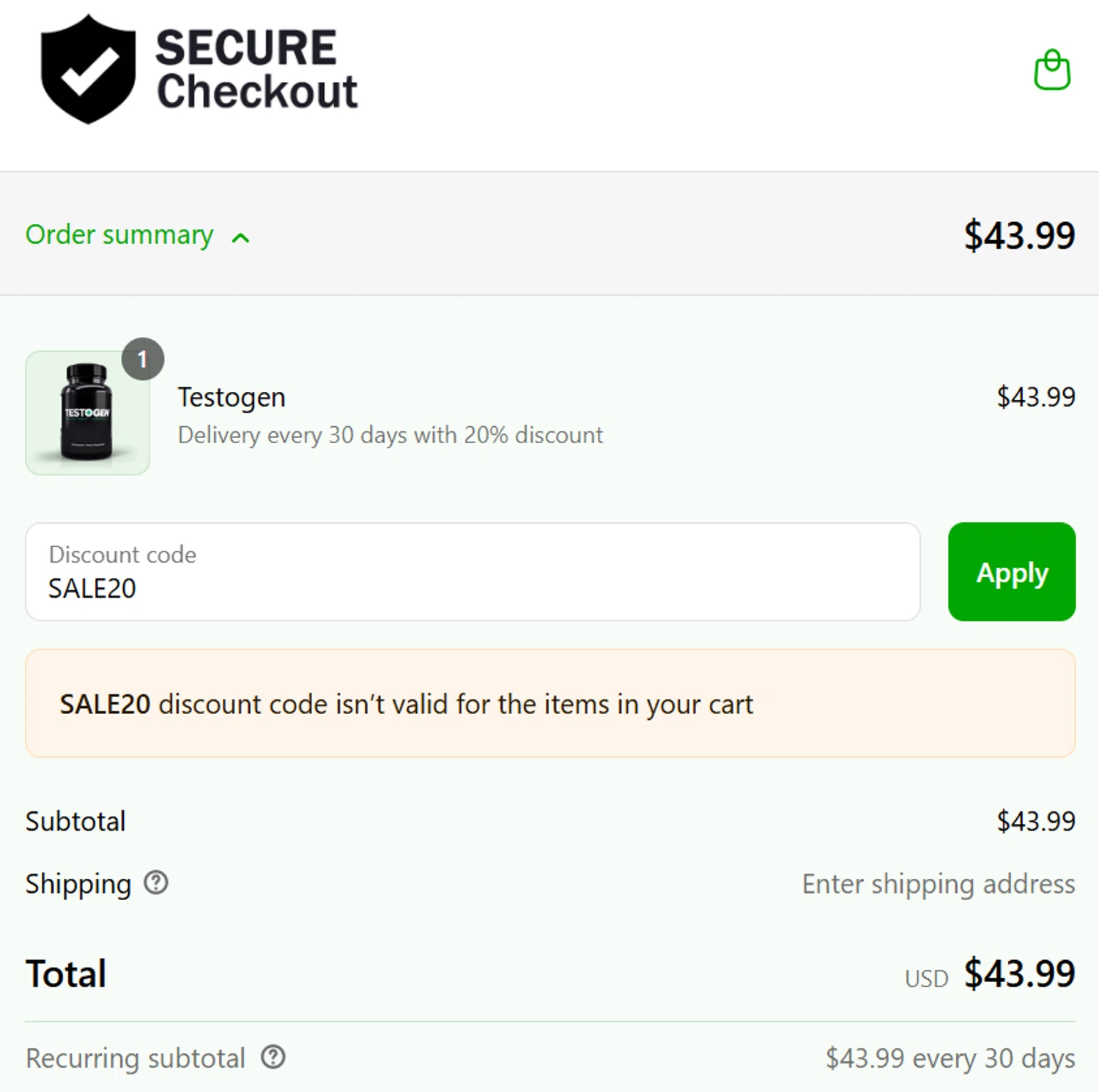 Testogen discount code screenshot showing code SALE20 applied at Testogen checkout page. Uploaded by SimplyCodes community member _Flash_ on Sep 3, 2025