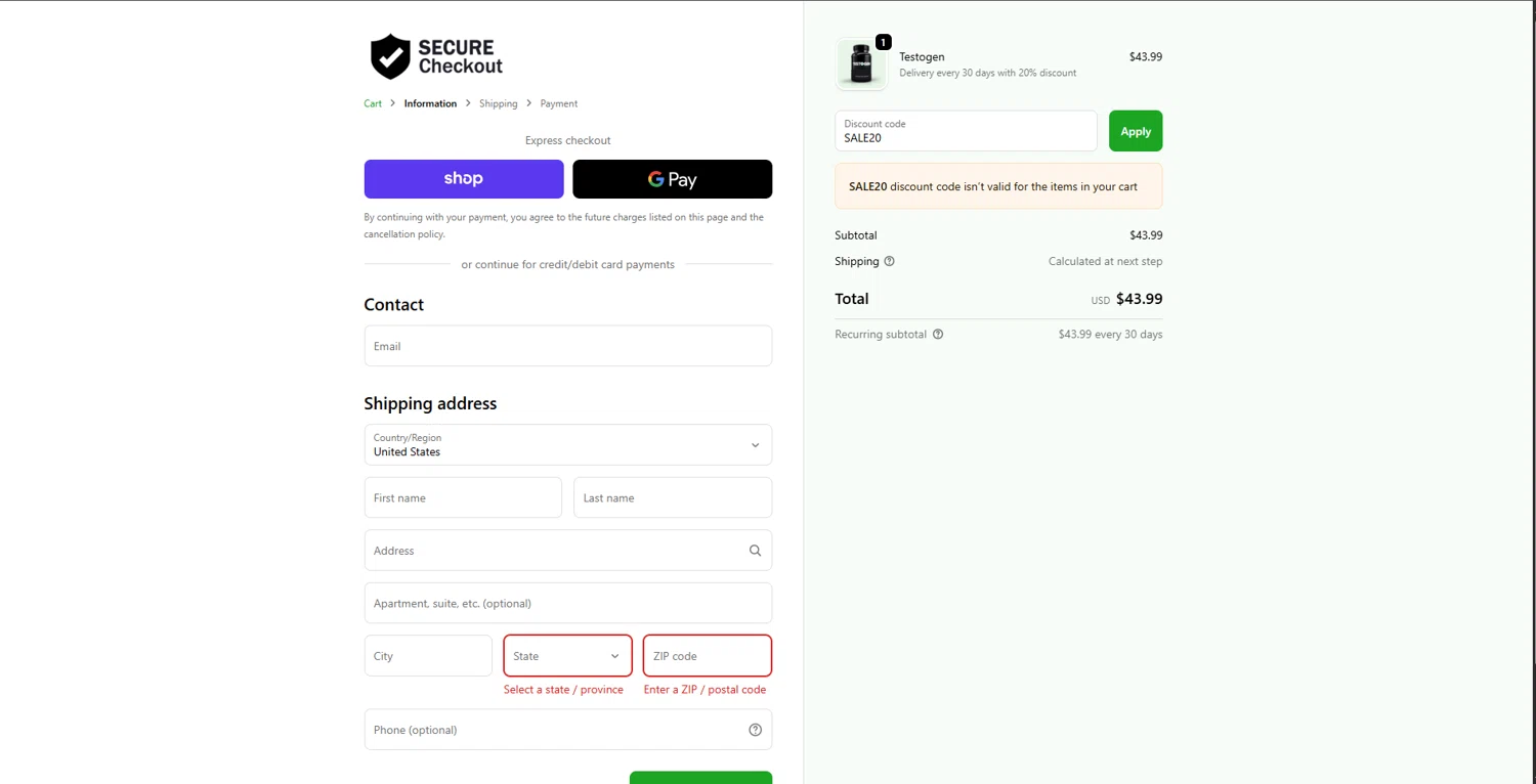 Testogen discount code screenshot showing code SALE20 applied at Testogen checkout page. Uploaded by SimplyCodes community member melano on Sep 24, 2025