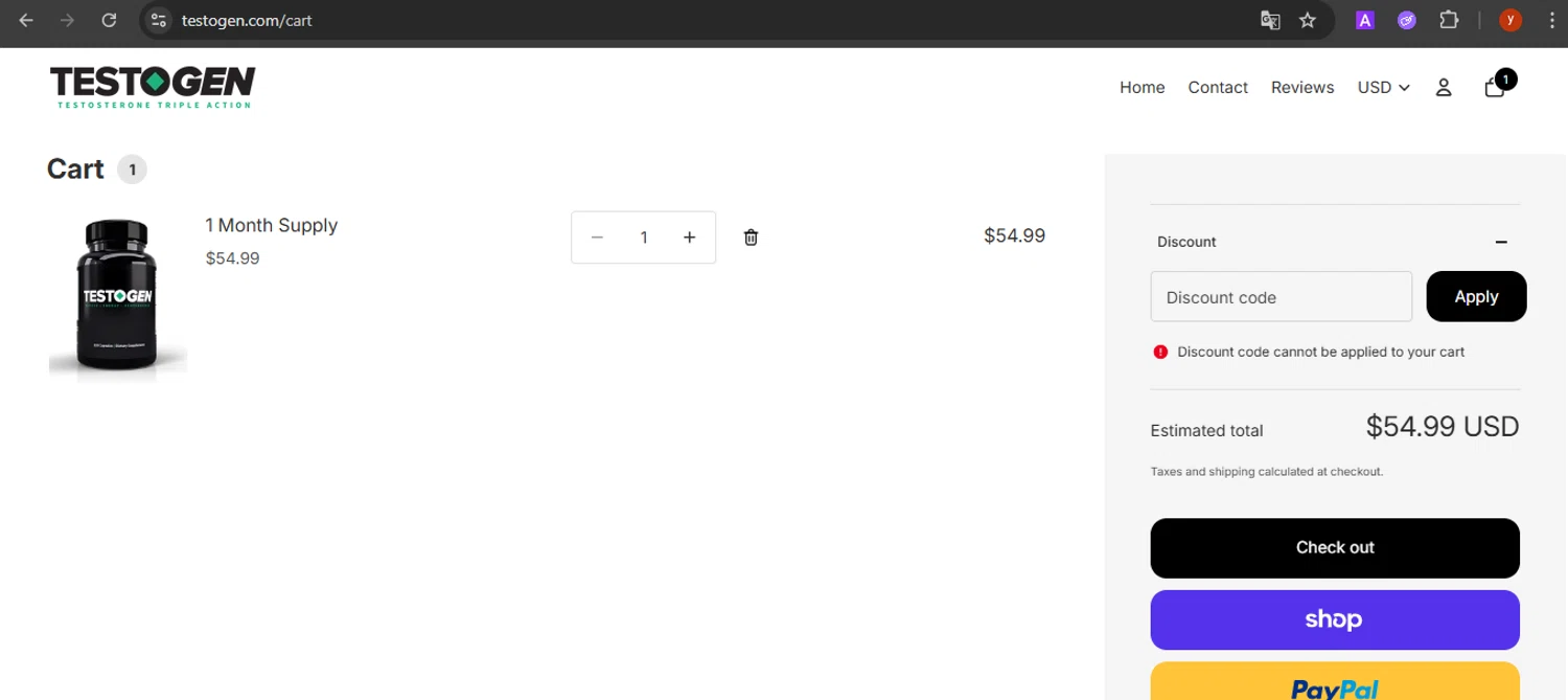 Testogen discount code screenshot showing code SAVE20 applied at Testogen checkout page. Uploaded by SimplyCodes community member CrownTiger7501 on Nov 19, 2025