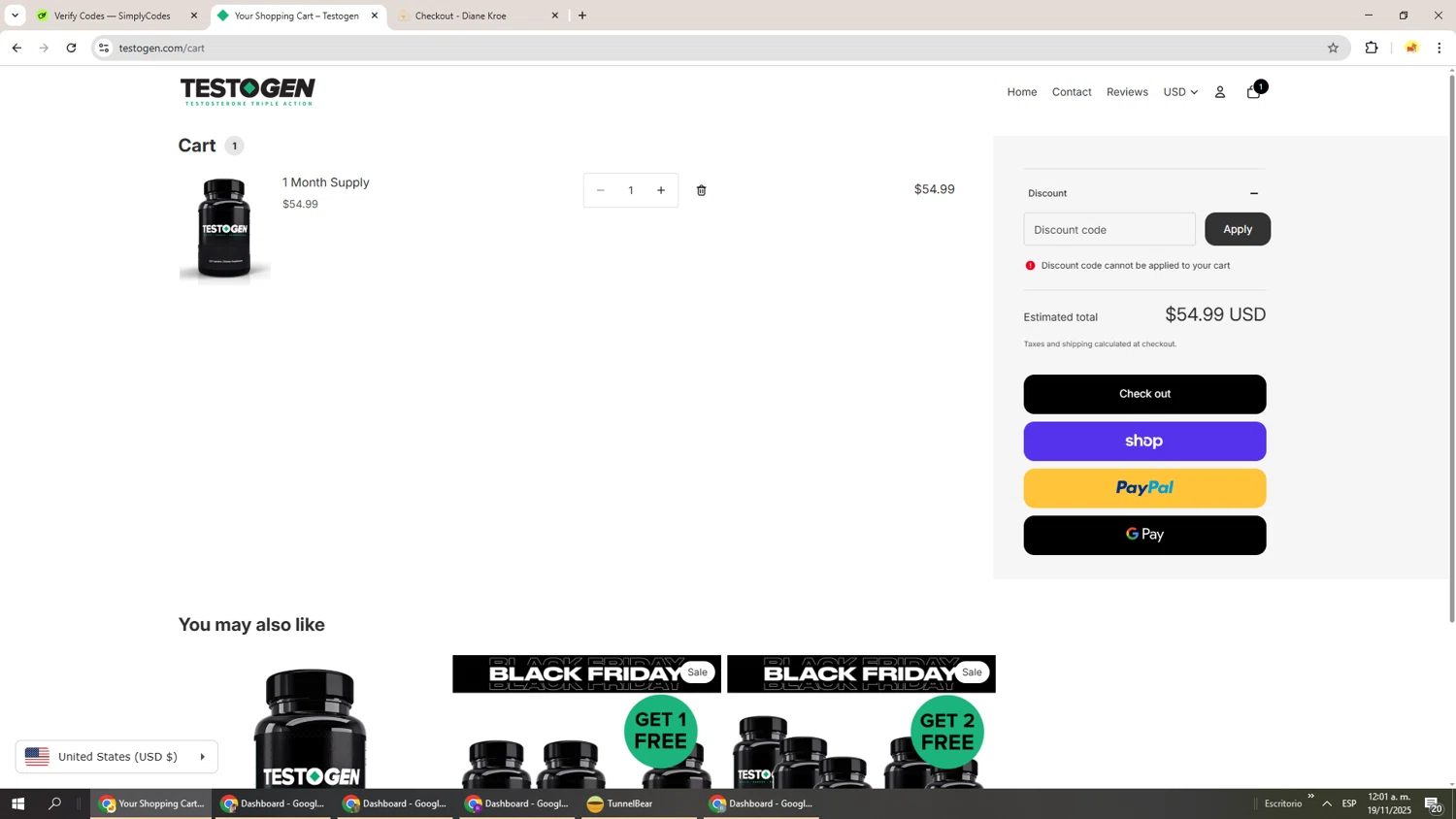 Testogen discount code screenshot showing code SAVE20 applied at Testogen checkout page. Uploaded by SimplyCodes community member Richard251 on Nov 19, 2025