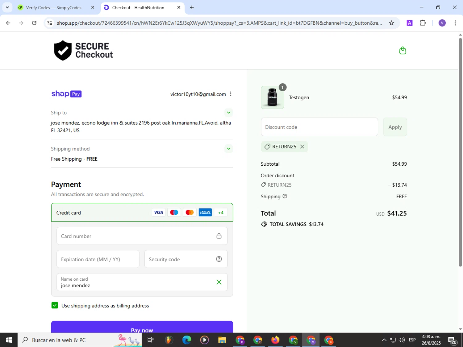 Testogen discount code screenshot showing code RETURN25 applied at Testogen checkout page. Uploaded by SimplyCodes community member Satoru_gojo on Aug 26, 2025