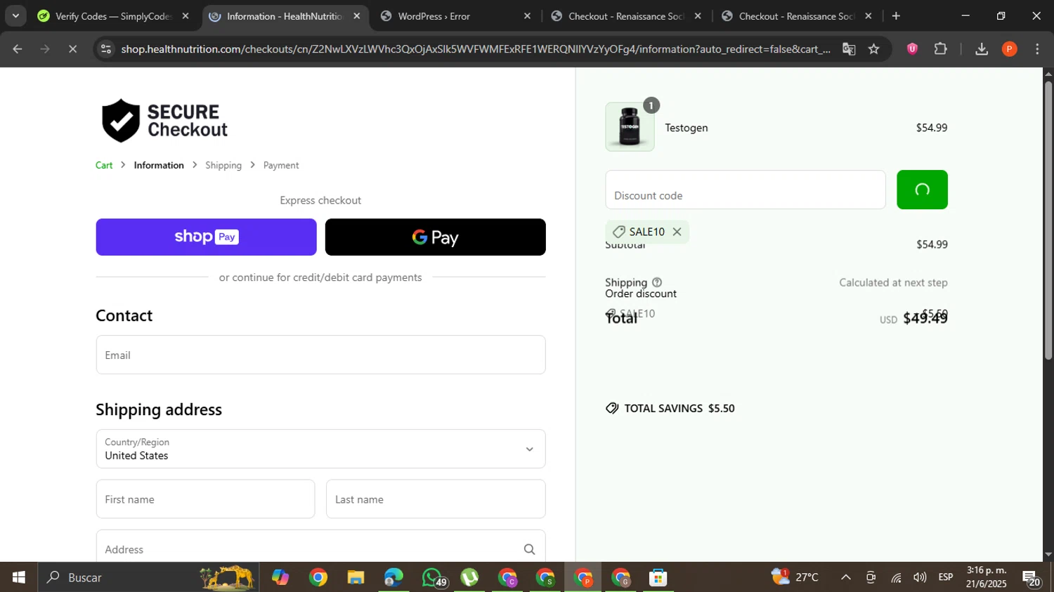 Testogen discount code screenshot showing code SALE10 applied at Testogen checkout page. Uploaded by SimplyCodes community member VictoriousCaptain2658 on Jun 21, 2025