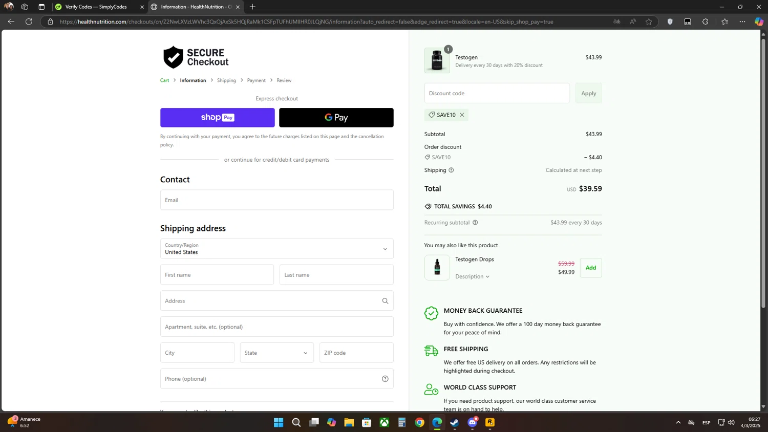 Testogen discount code screenshot showing code SAVE10 applied at Testogen checkout page. Uploaded by SimplyCodes community member Flores on Mar 4, 2025