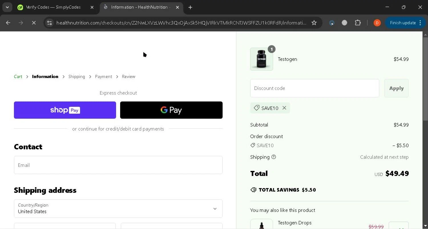 Testogen discount code screenshot showing code SAVE10 applied at Testogen checkout page. Uploaded by SimplyCodes community member gundogan on Mar 4, 2025