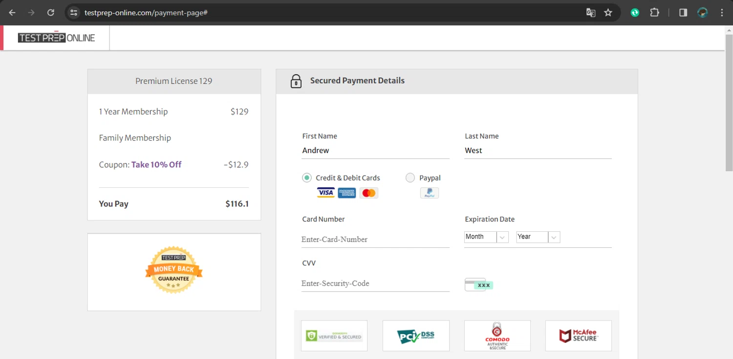 TestPrep-Online checkout page showing TestPrep-Online promo code box | Screenshot taken by SimplyCodes community member on Mar 22, 2024
