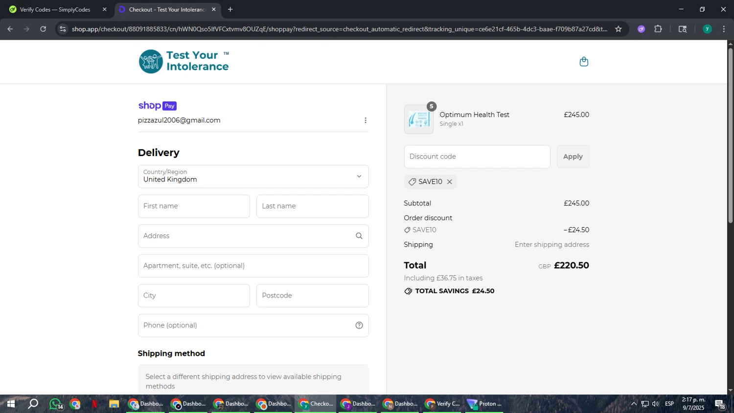 Test Your Intolerance discount code screenshot showing code Save10 applied at Test Your Intolerance checkout page. Uploaded by SimplyCodes community member FrugalCaptain6906 on Jul 9, 2025